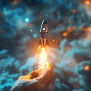 A hand holding a glowing light bulb with a rocket launch symbolizes the beginning of a new idea ready to launch and take off into the unknown realms of innovation.